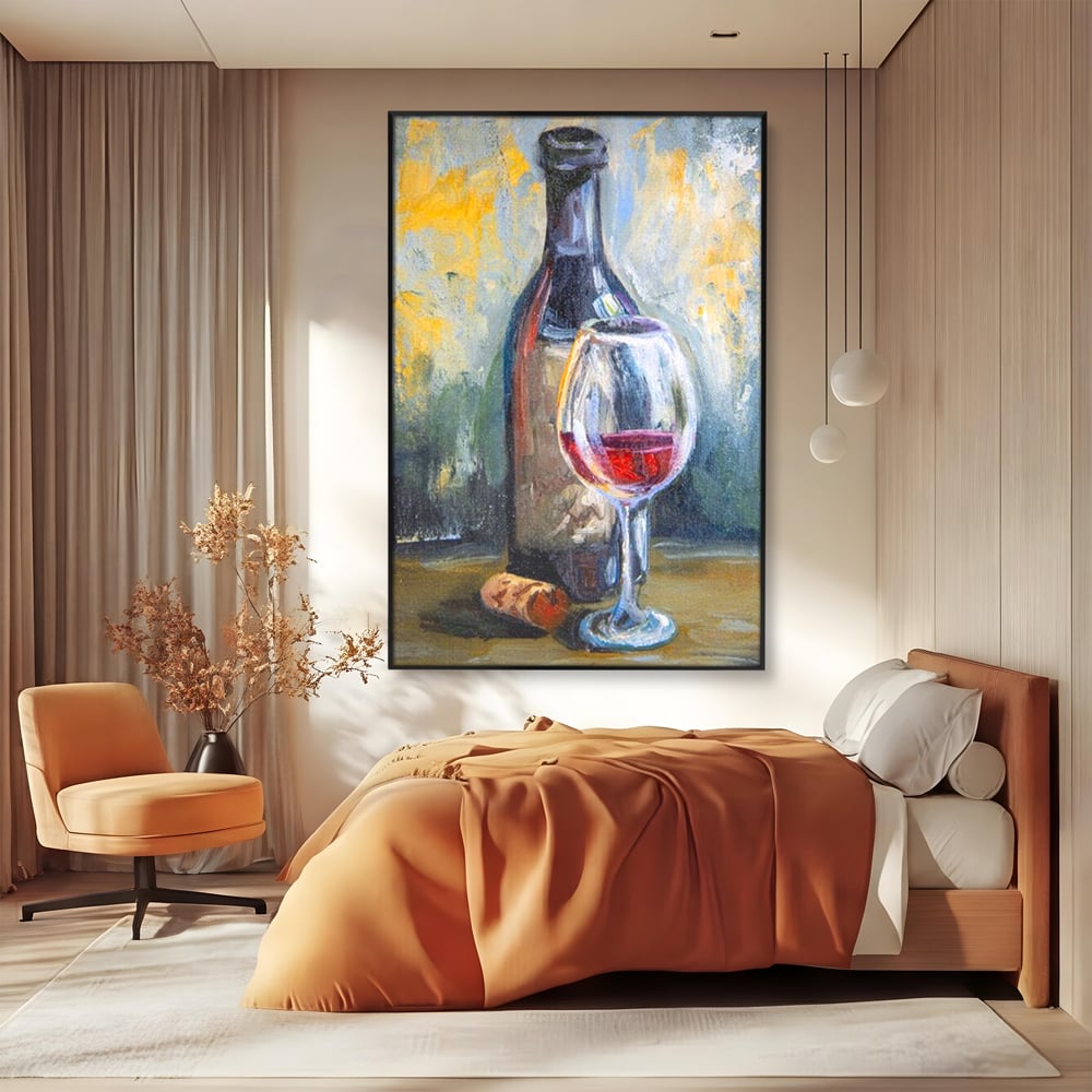 Tablou Canvas Pictura cu Sticla de Vin si Pahar, Gri si Maro, N1015